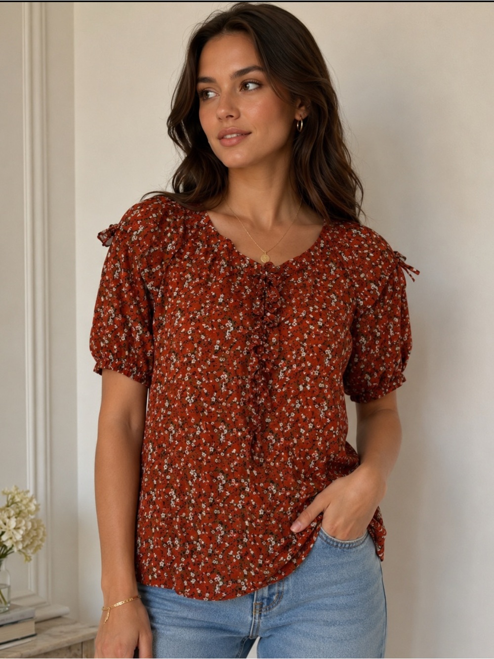 Sundance Catalog ditzy floral short sleeve top ruffled v-neck women's size S